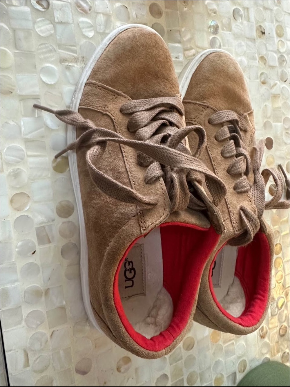 UGG Brown Suede Lace-Up Sneakers with Red Lining